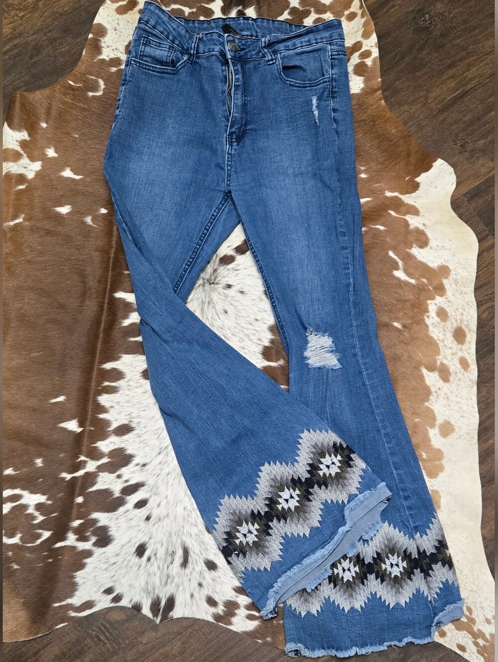 Crazy Train Blue Flare Jeans with Aztec Embroidered Raw Hem